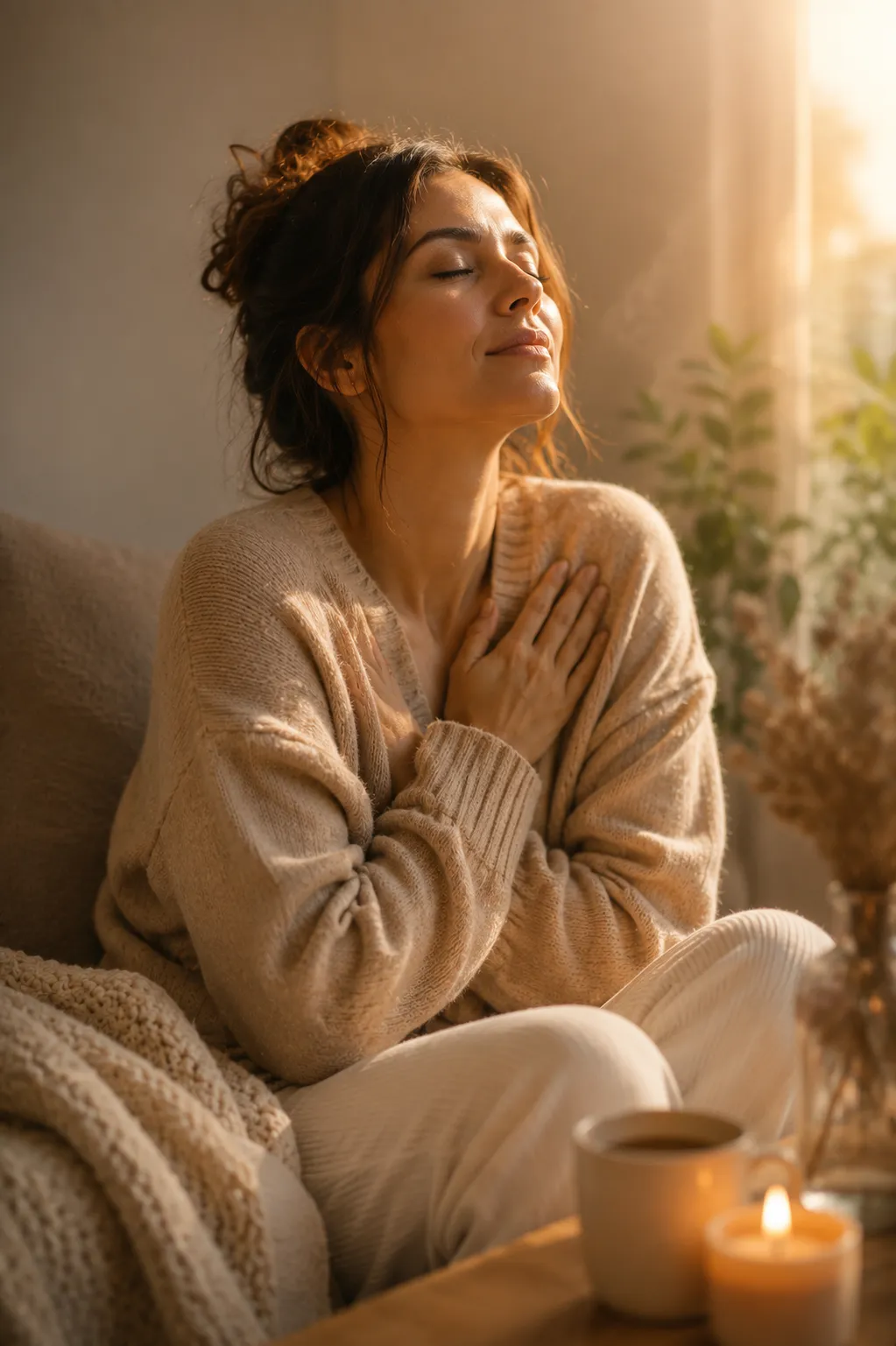 Mujer respirando en calma, con la mano en el pecho