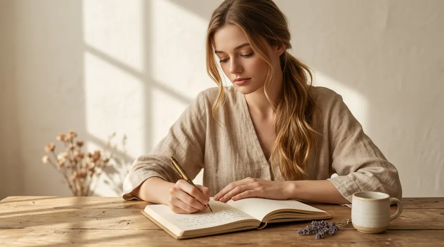 Mujer escribiendo sus emociones en un cuaderno
