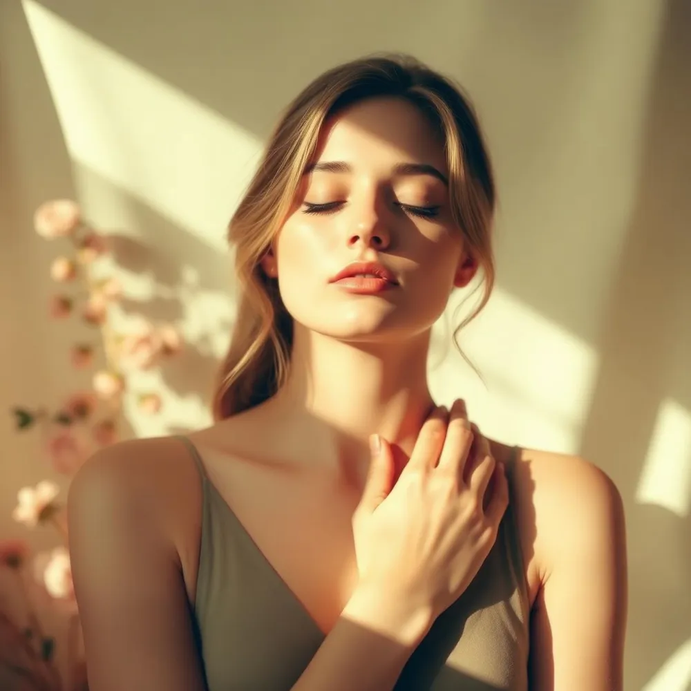 Mujer en calma escuchando su cuerpo
